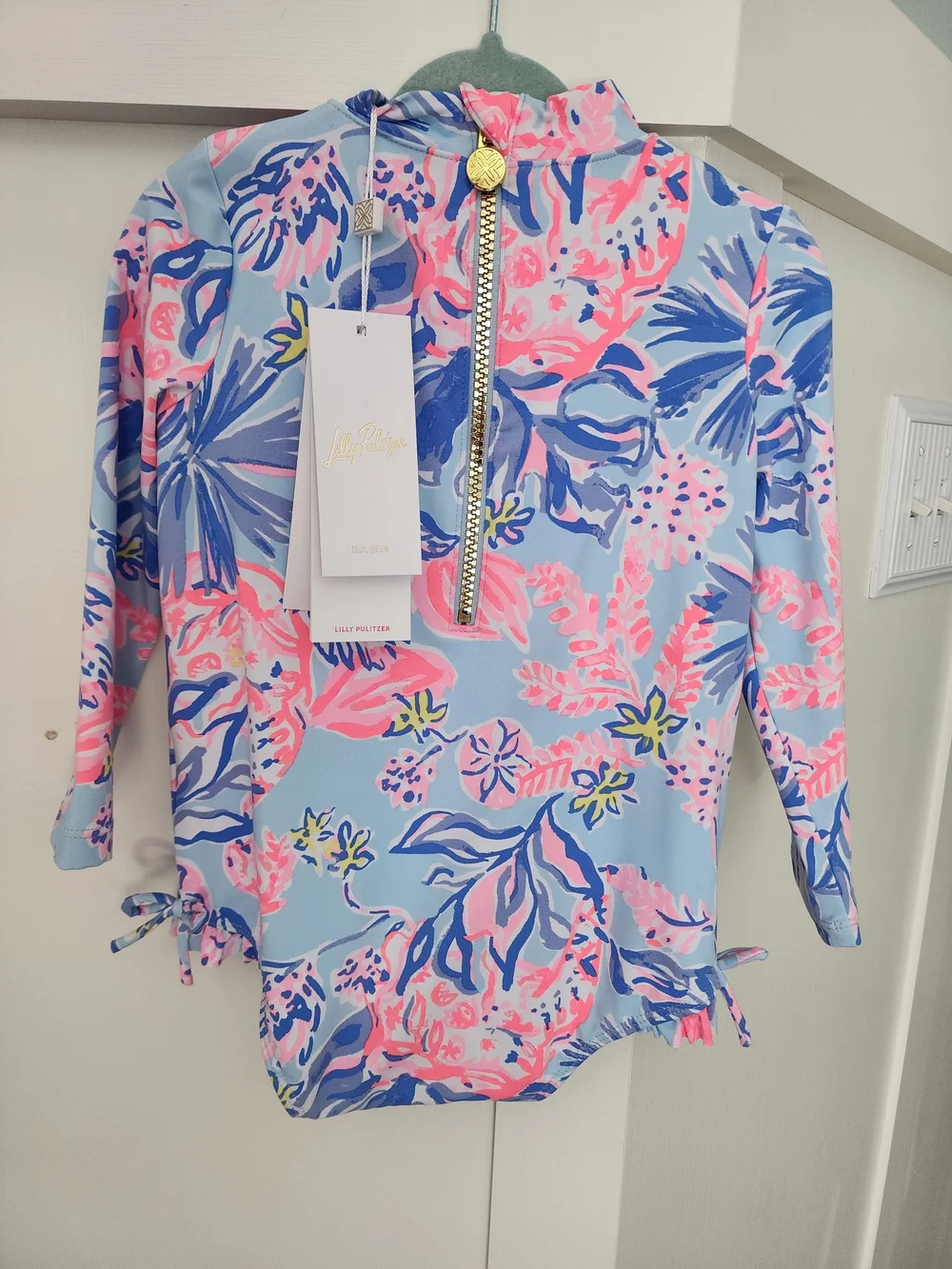 Toddler Lilly Pulitzer Long-Sleeve Floral Swimsuit - Light Blue, Pink & Navy